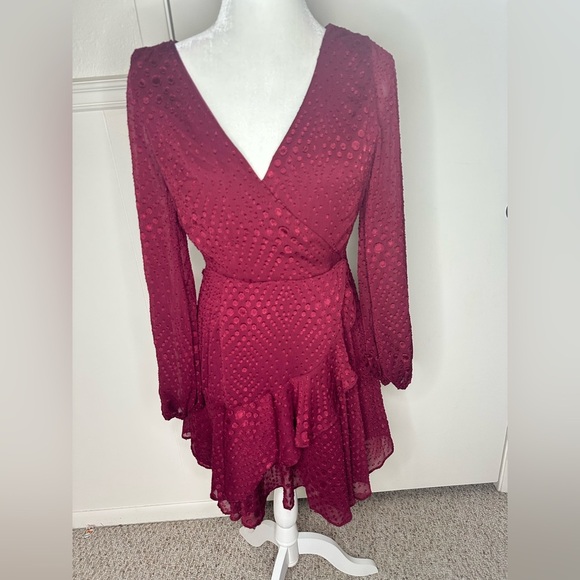 Altar’d State Chic Red Wrap Dress with Ruffled Hem and Bishop Sleeves Size M - Picture 1 of 7